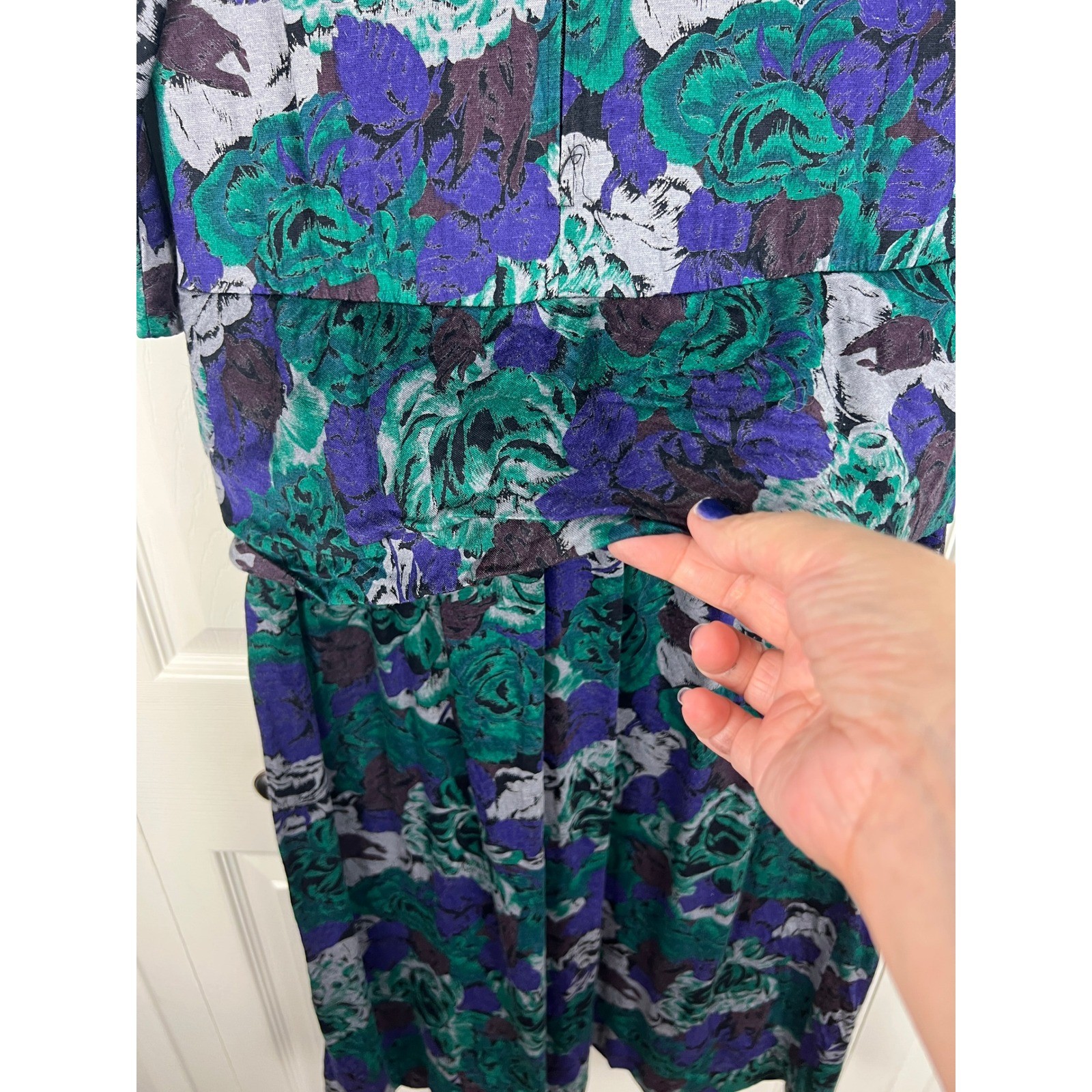 90s Floral Midi Dress Shoulder Pads Draped Waist Secretary Dress Rayon Medium