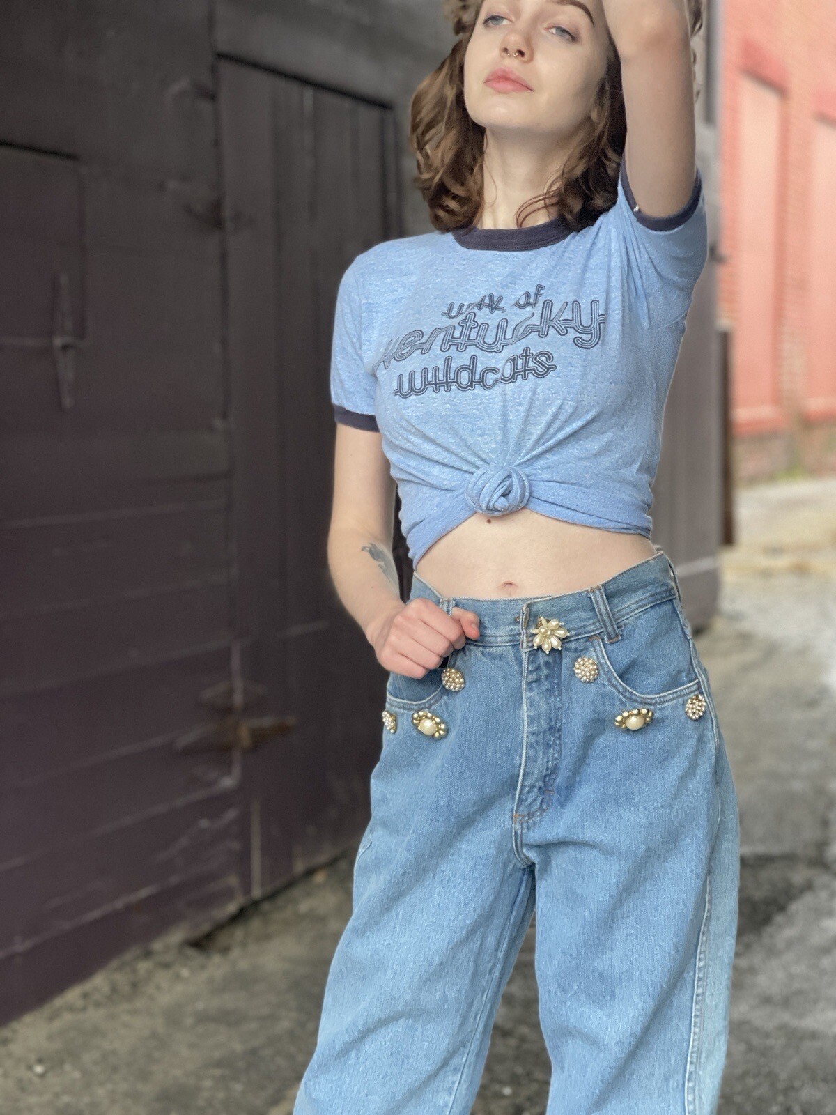 vintage 90s/Y2K Pearl Embellished High Waist Denim Jeans-light Wash-Blue-Mom-S/M