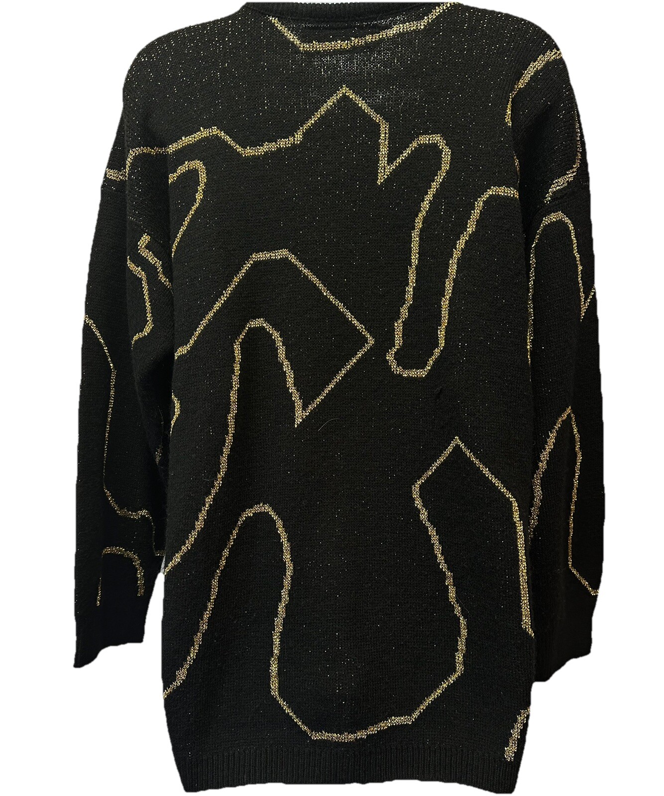 VTG 80s Kate Collins Black and Metallic Gold Knit Pullover Sweater M 46″ Bust