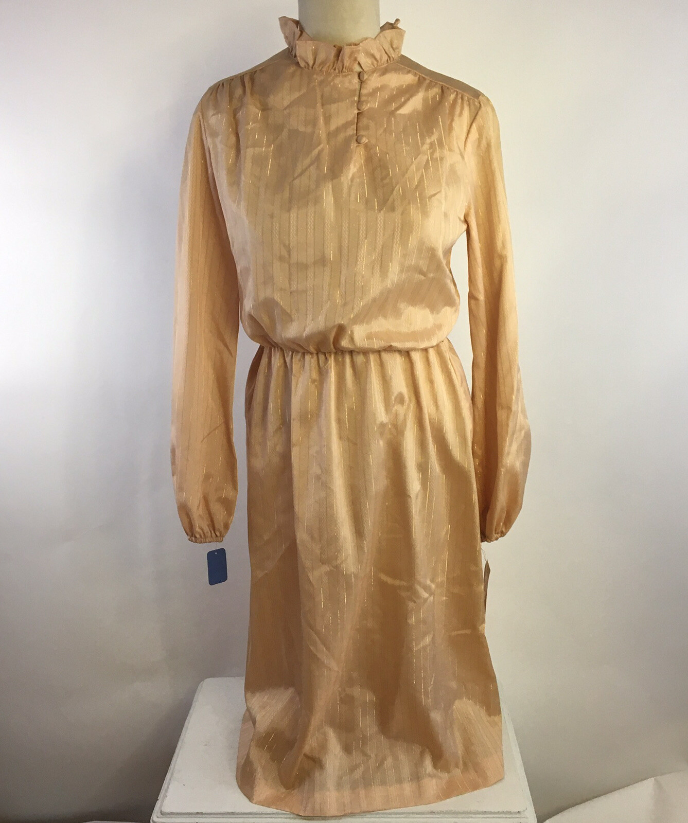 Vtg 70s Jerell of Texas Peach Gold High Ruffled Neck Mod Dress Womens 9 NWT