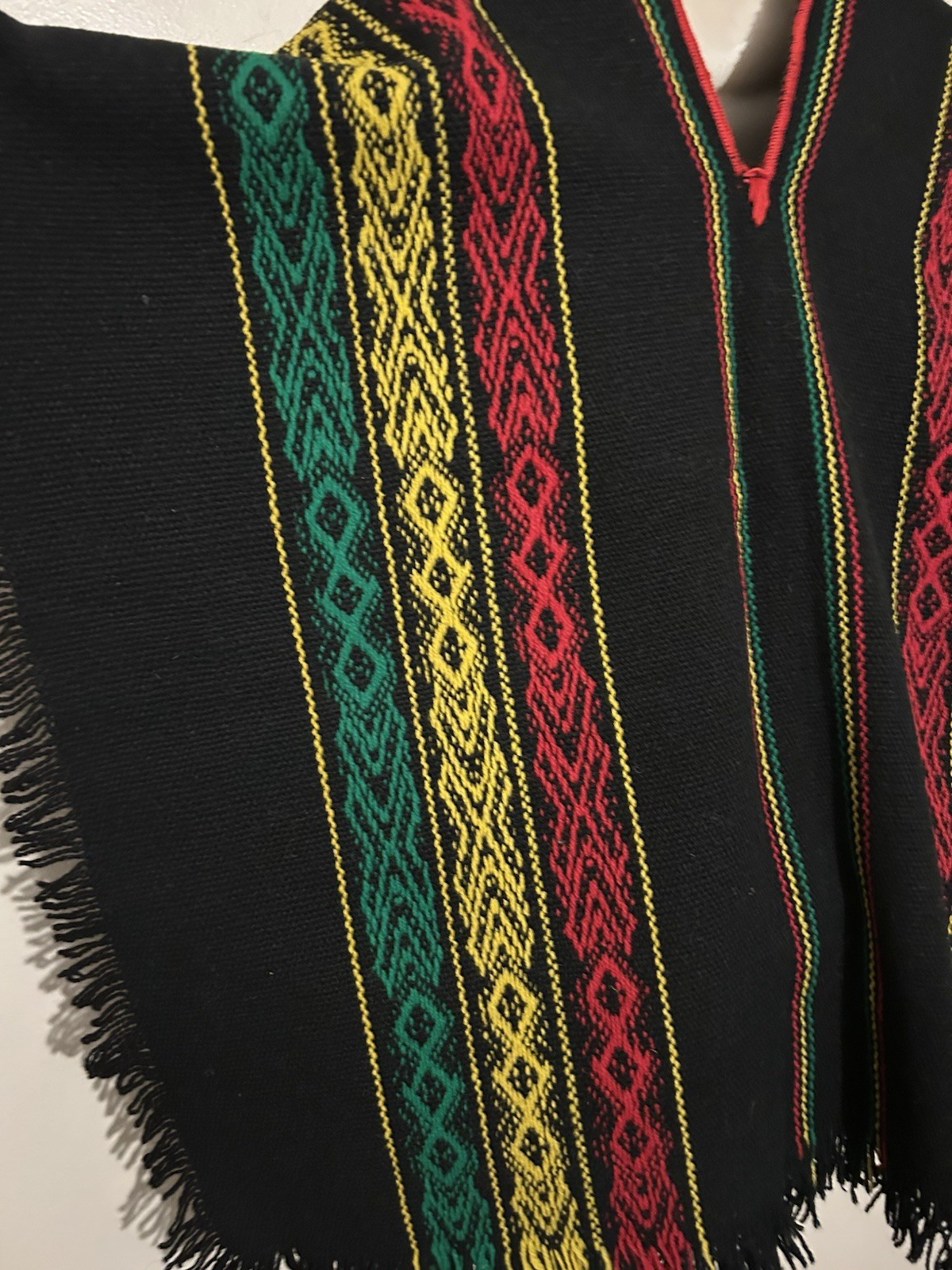 VTG Handmade Wool Blend Argentinian Poncho Vest One Size Black Green Red Yellow