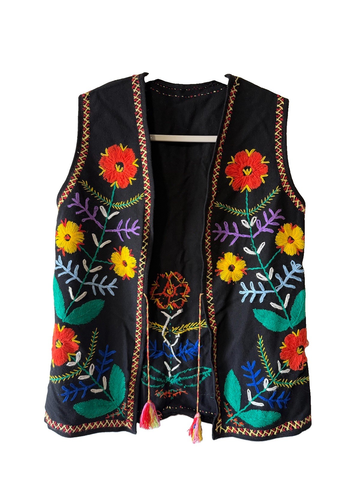 Vtg Embroidered Black Wool Folk Art Vest Boho Floral Traditional Hungarian Style