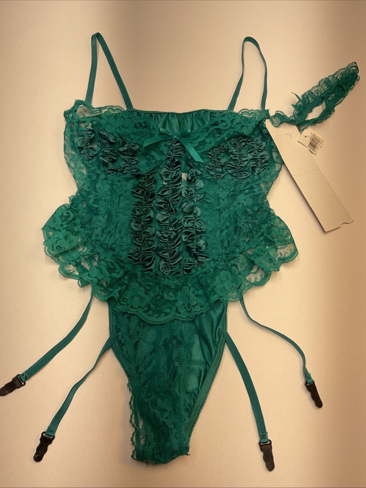 Vtg Green Sheer Nylon Lace Bodysuit Lingerie Garter Teddy Large Bows NWT