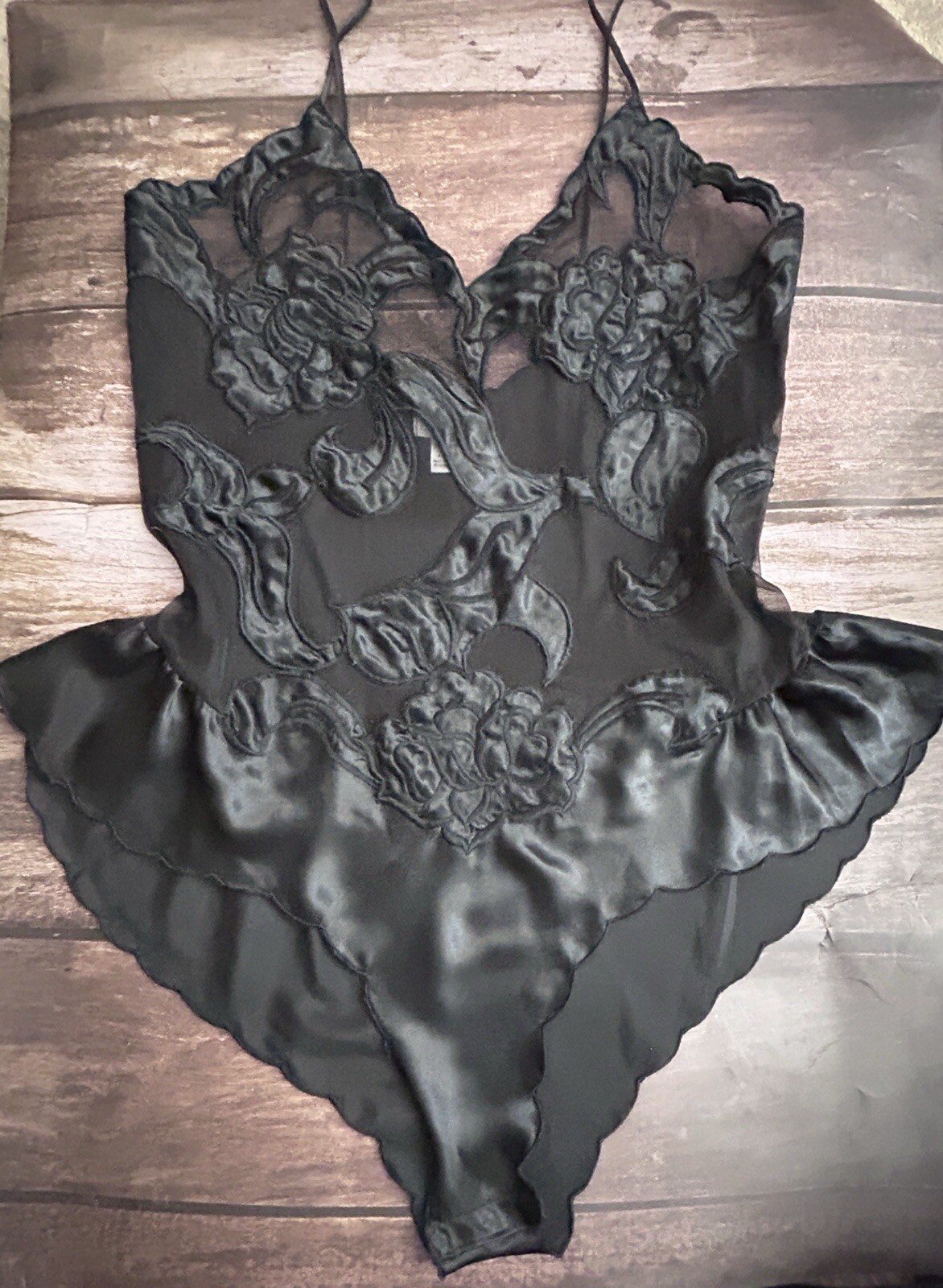 Vintage 90s BG Street Black Satin Teddy Lingerie M Ruffle Bottom Embroidered