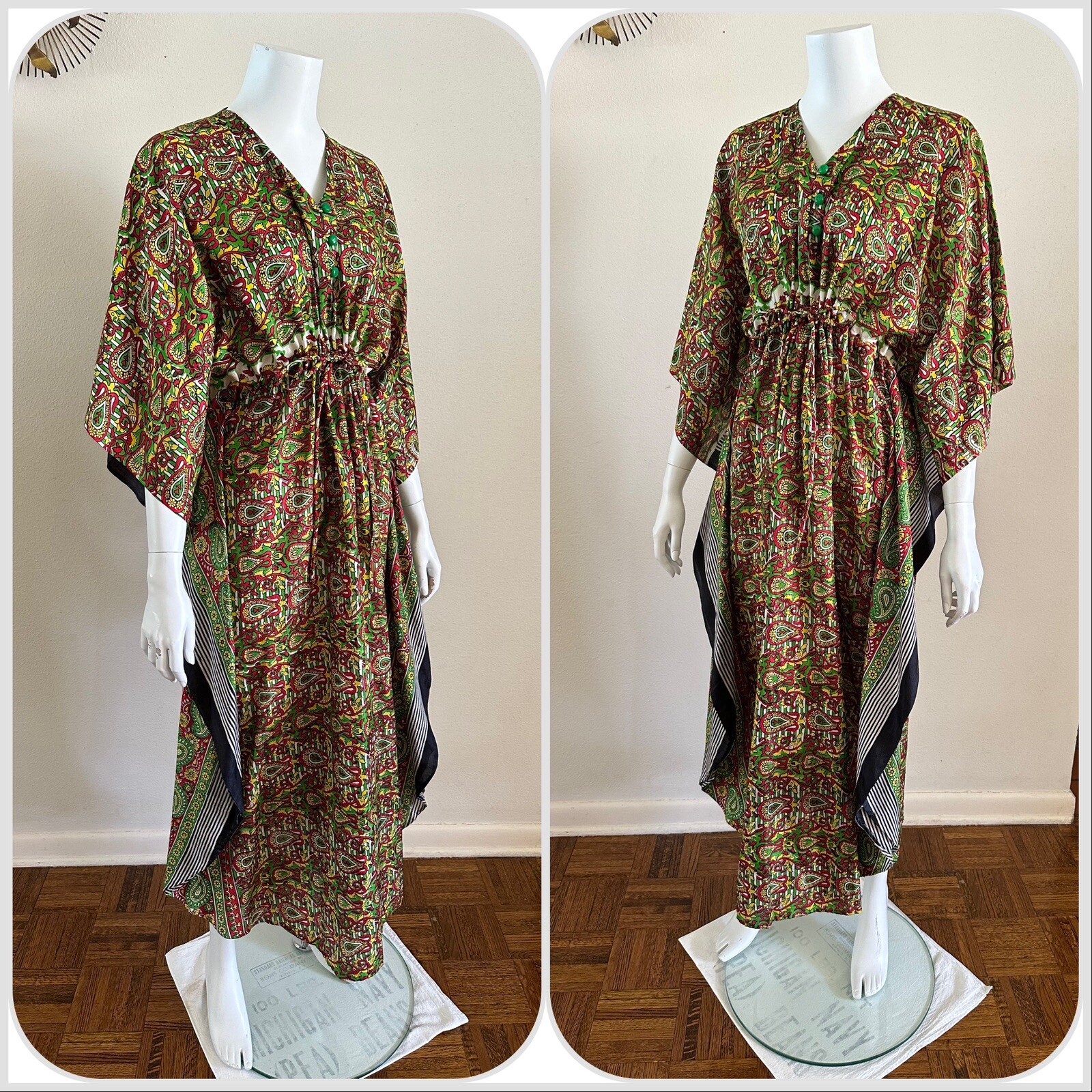 70s Handfabs Indian Block Print Caftan Dress Maxi Mumu Beach Cabana Pool 80s VTG