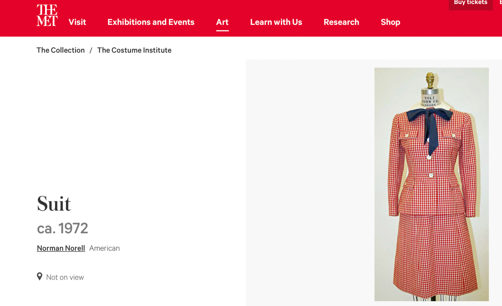 Met Museum Archive 1972 NORMAN NORELL Red Cream Gingham Skirt Jacket Suit M