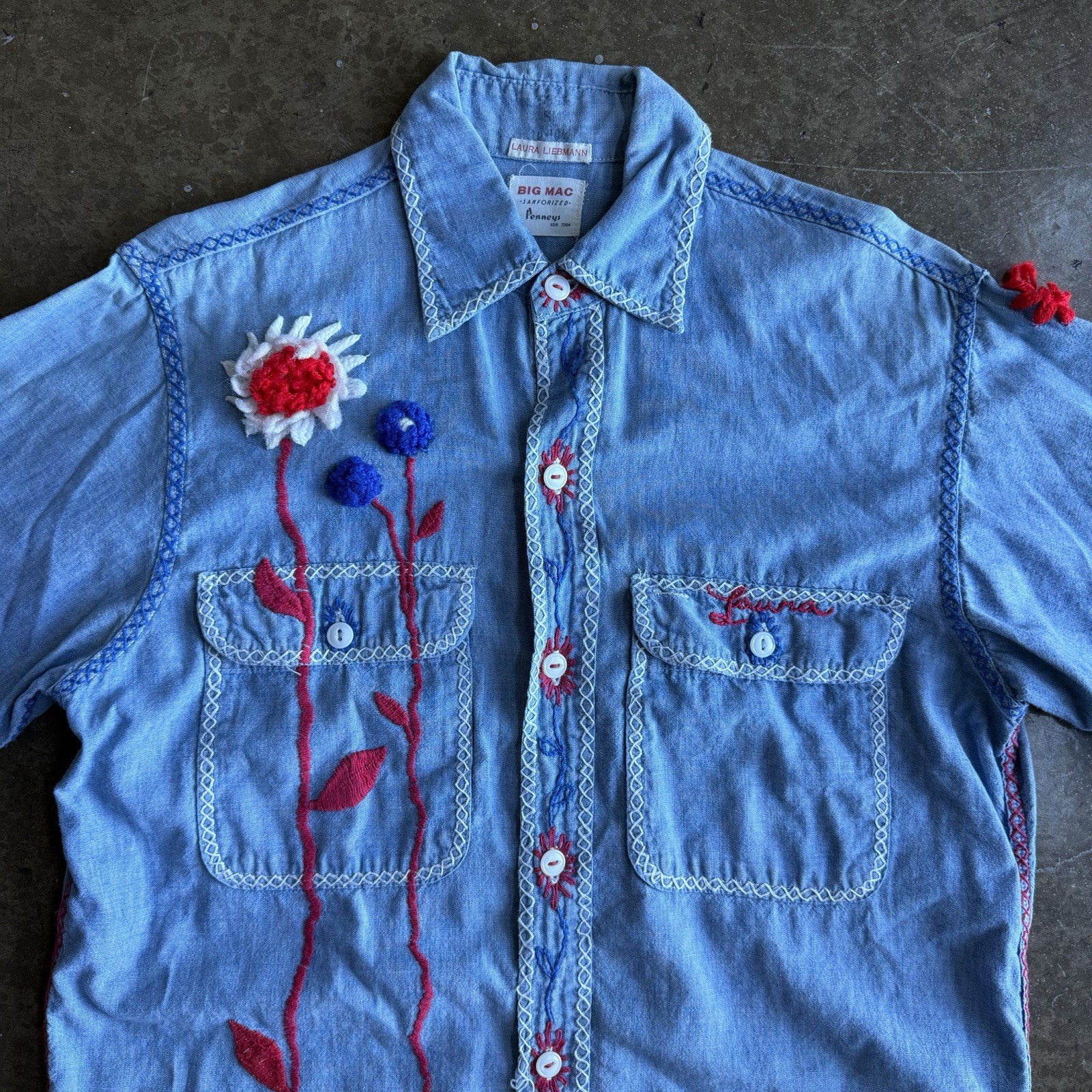 VTG 60’s Big Mac Pennys Sanforized Chambray Denim Embroidered floral Shirt