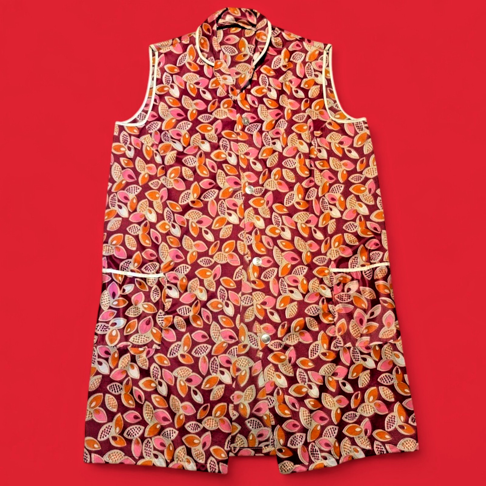 Vtg 60s 70s sz L Groovy Boxy Cut Long Tunic Vest Top Mod Gogo Hippy Burgundy 2B
