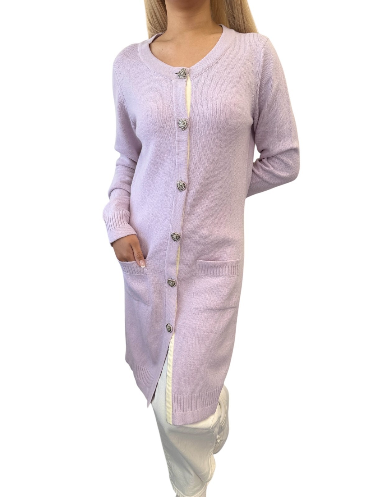 CHANEL Vintage 09C CC Logo Long Knit Cardigan #36 Rhinestone Cashmere Purple