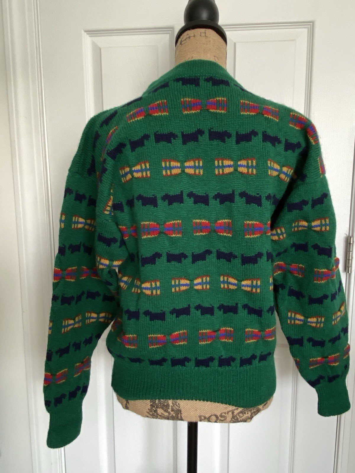 VTG 80s Scottie Dog Sweater MED Shetland Wool The Scotch House Green Plaid Bows