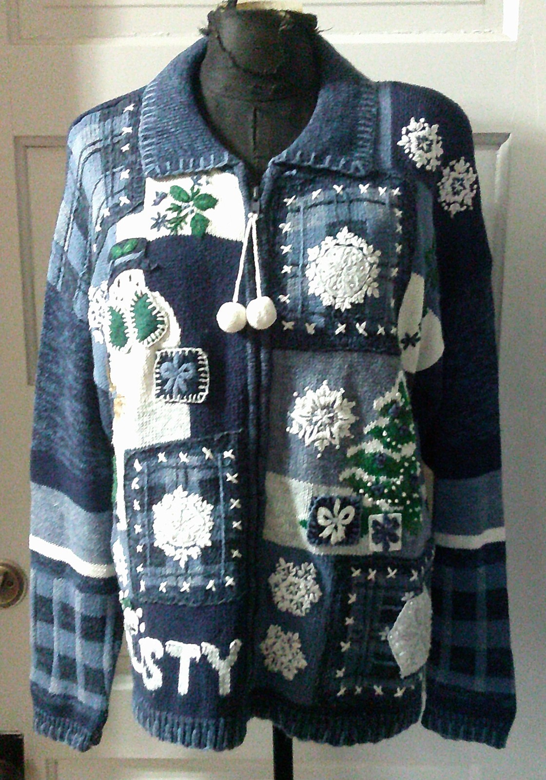 90’s TIARA INT’L Blue Frosty Winter Snowflake Zip Front Heavy Sweater L