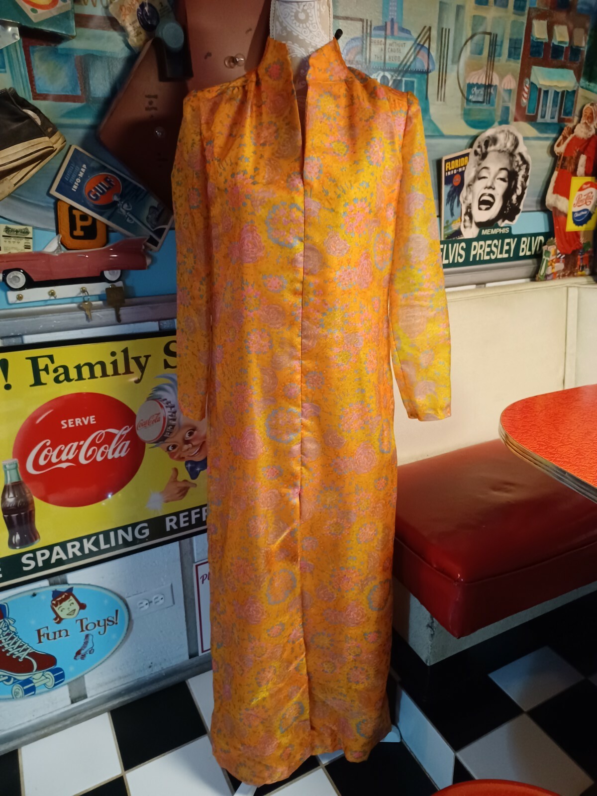True Vtg Mid-century 1960s 1970s Maxi Psychedelic Dress Front Slit MOD Go-Go MCM