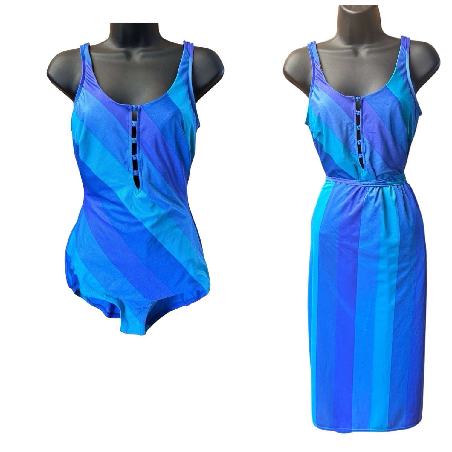 Vintage Jantzen Swimsuit 16 Leotard Striped One Piece Matching Wrap Set Festival