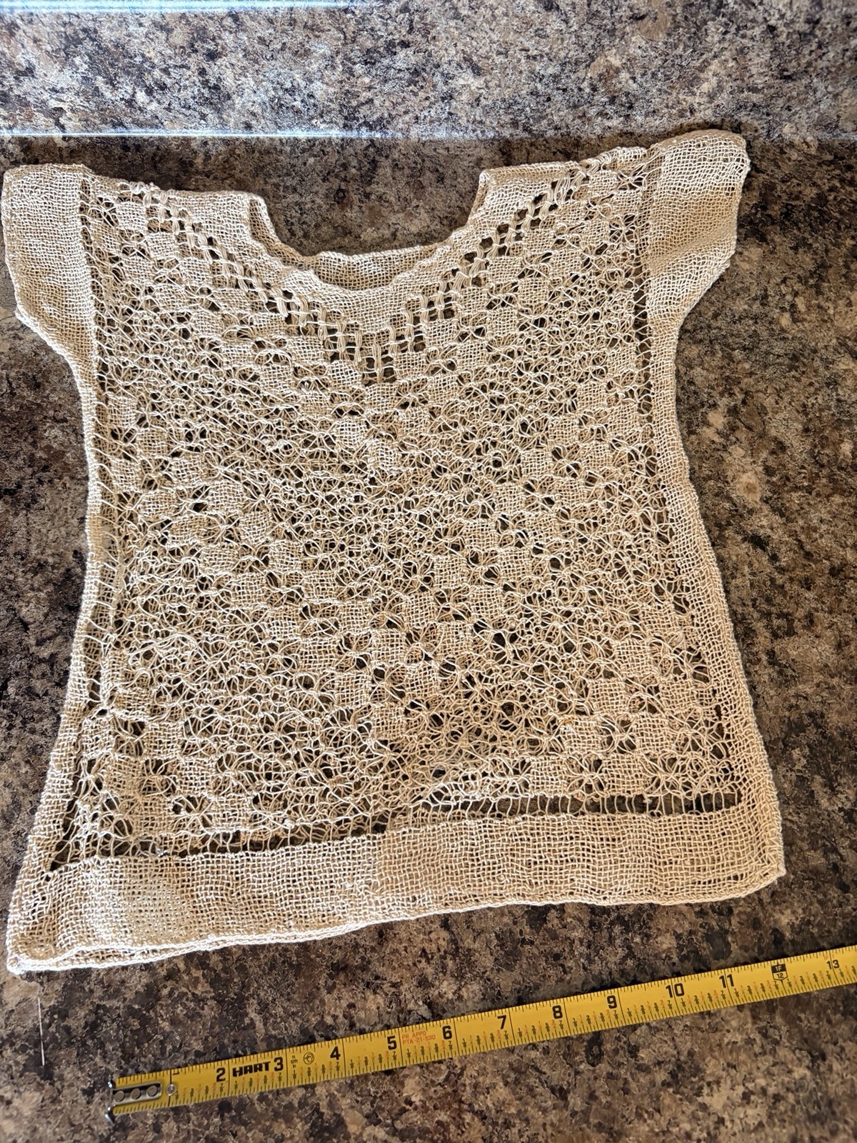 Vtg Antique Handmade Open Weave Crocheted XS/S Lace Boho Neutral Cream Top