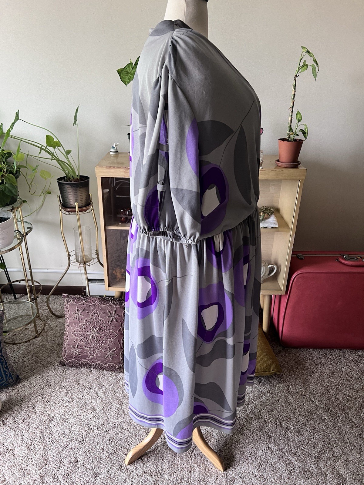 VTG 60s Grey & Purple Bullseye Secretary Dress W/ Neck Tie Detail – XL/2XL
