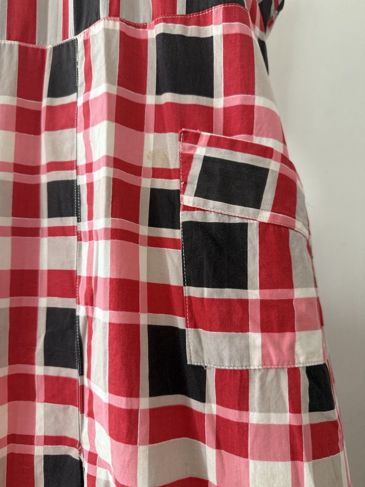 30s Glazed Cotton Plaid Pointed Collar 1/4 Zip Halter Dress Midi Sportswear S/M