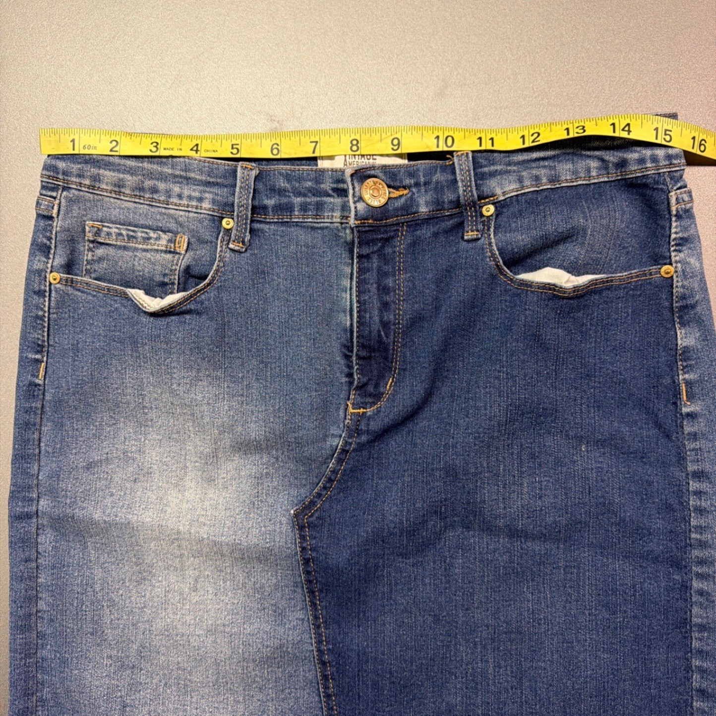 Vintage America Blues Wonderland Midi Denim Skirt Size 10 Blue Stretch FrayedHem