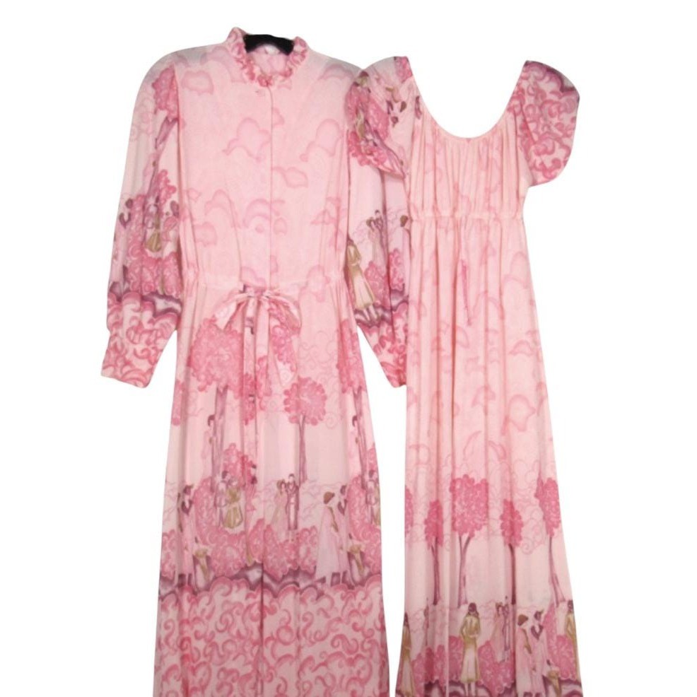 VINTAGE Sears Nylon PINK TOILE PEIGNOIR SET Robe & Nightgown/Gown XXS/XS