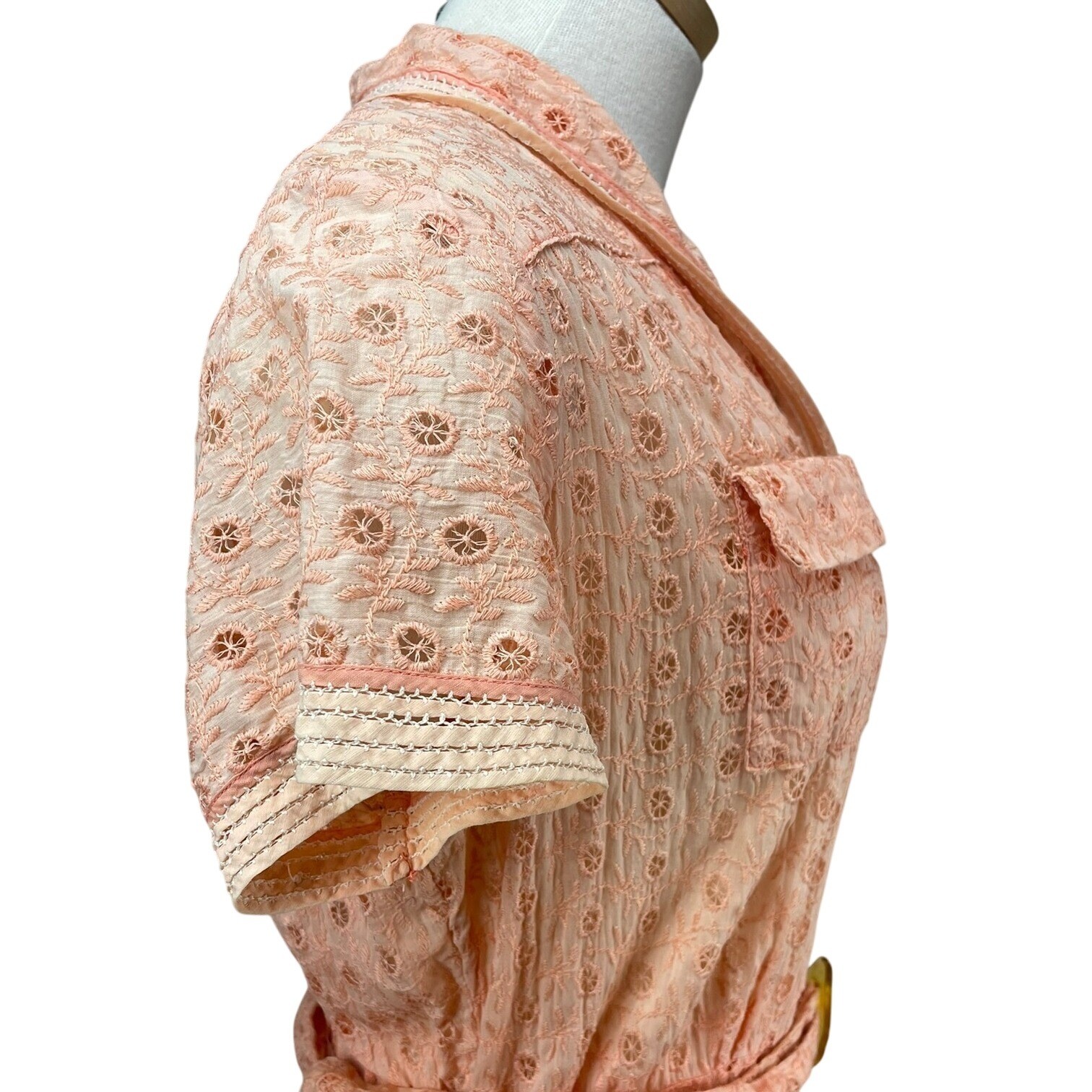 Vintage Womens (M/L) 50s Peach Eyelet Dress Boho Prairie Buttons Western Sheer