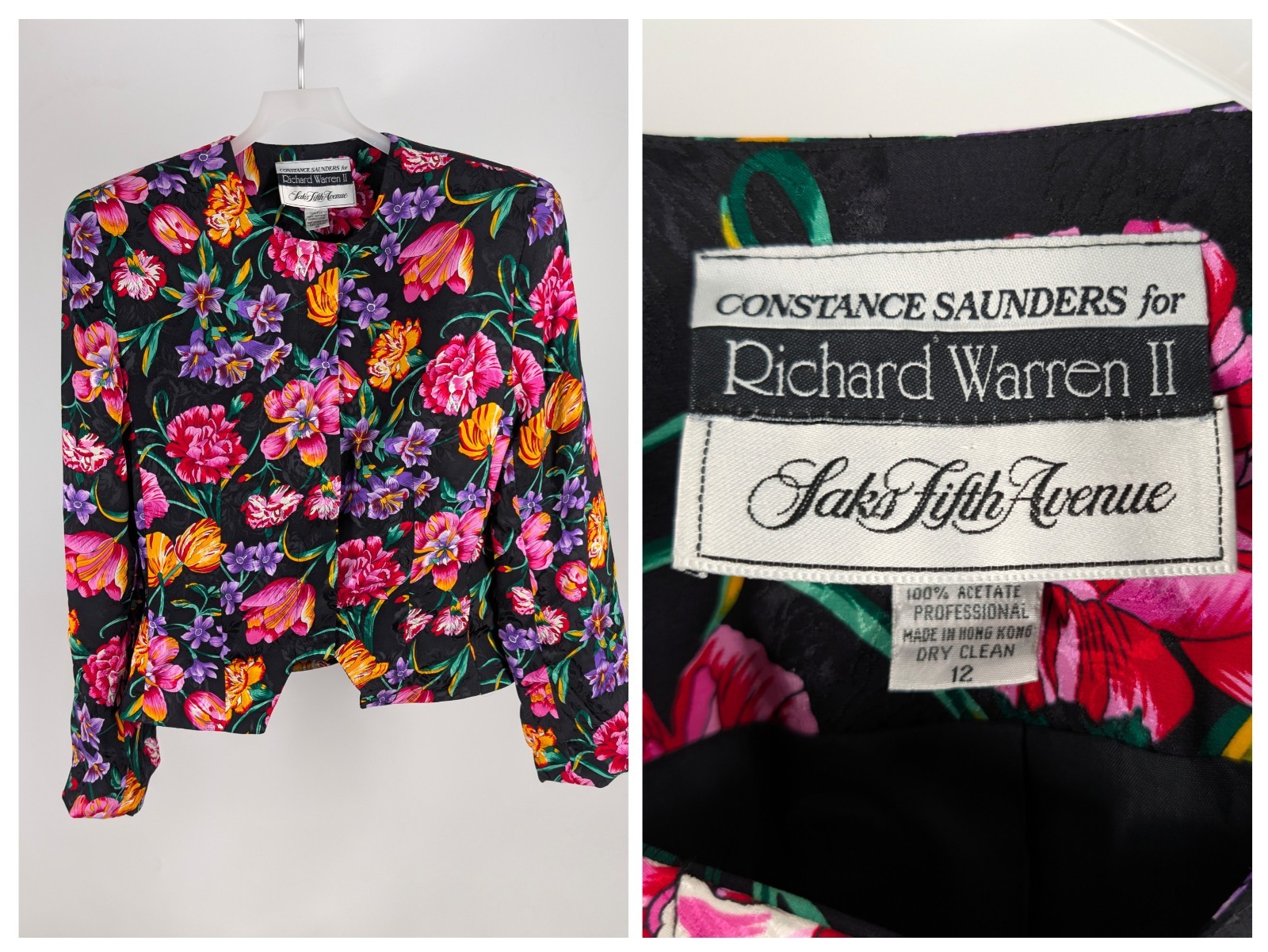 Vintage 80s Constance Saunders Richard Warren Silk Floral Blazer 12 Hong Kong