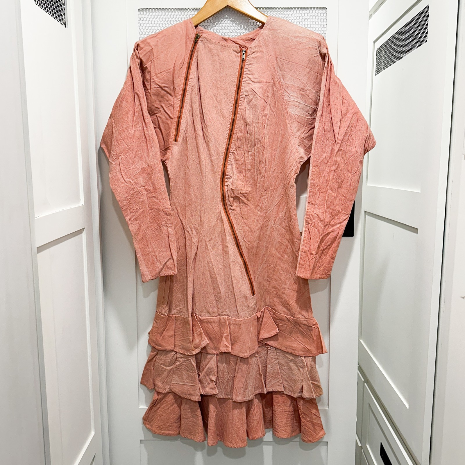 Vintage 80s 90s Asymmetrical Zipper Dress Ruffles Wash Artsy Designer Cotton
