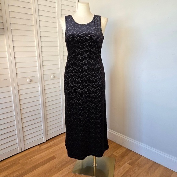 Vintage Studio Black Painted Floral Velvet Midaxi Dress Size M 90s Goth Romantic