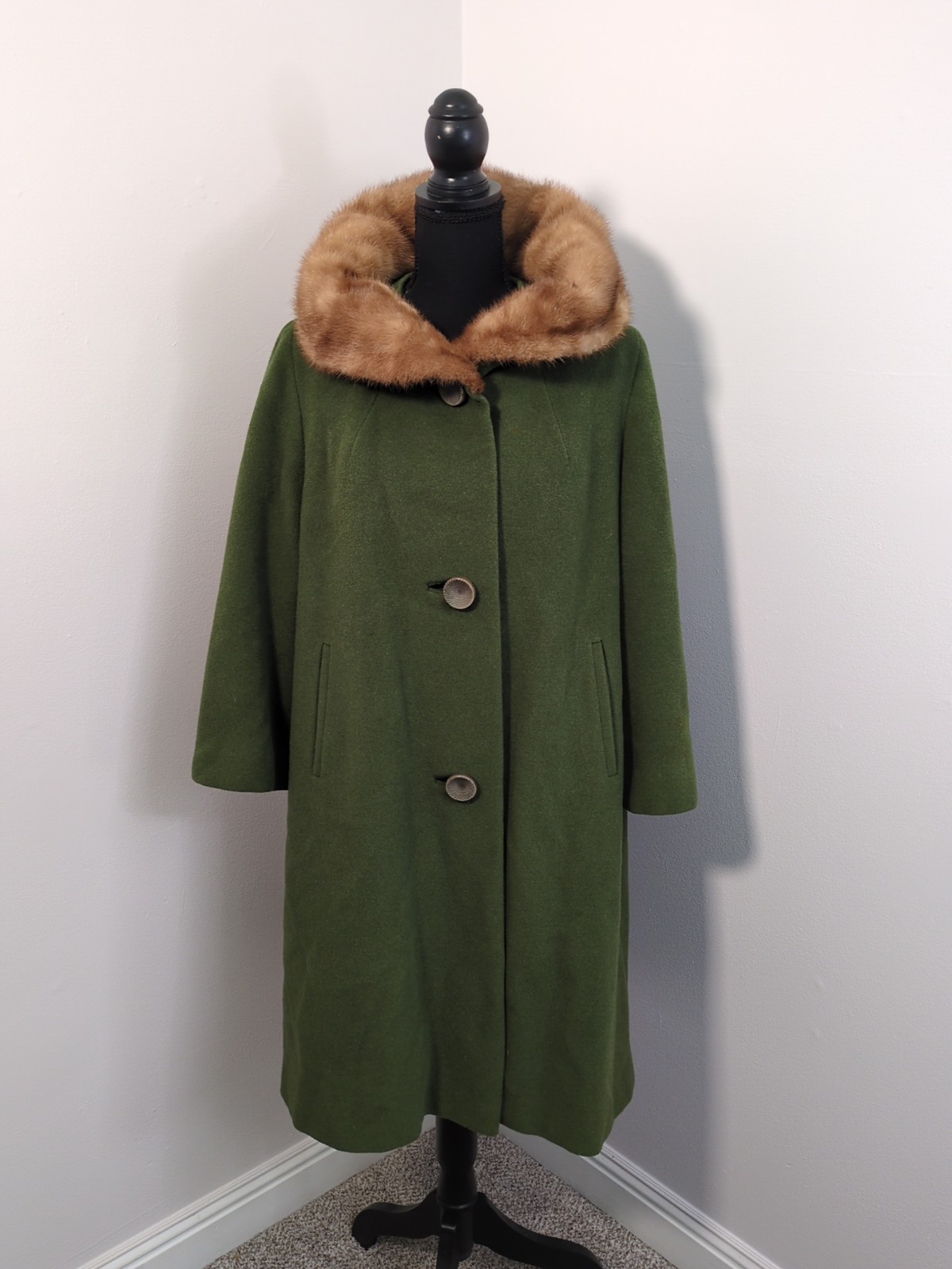 VTG 60s Kashara Smithline Wool Cashmere Coat Olive, Mink Fur Shawl Collar M/L
