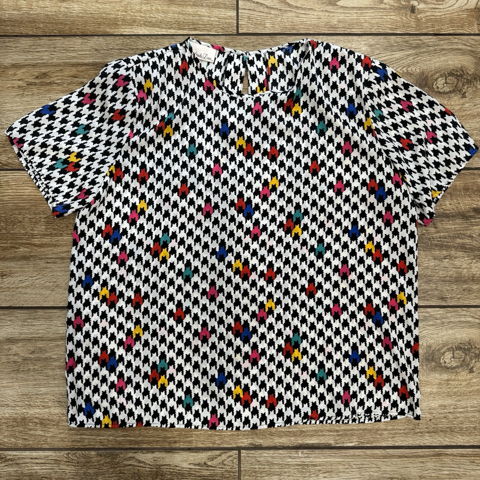Vintage Houndstooth Colorful Blouse Shirt Top Penbrooke Lane 80’s Keyhole Large