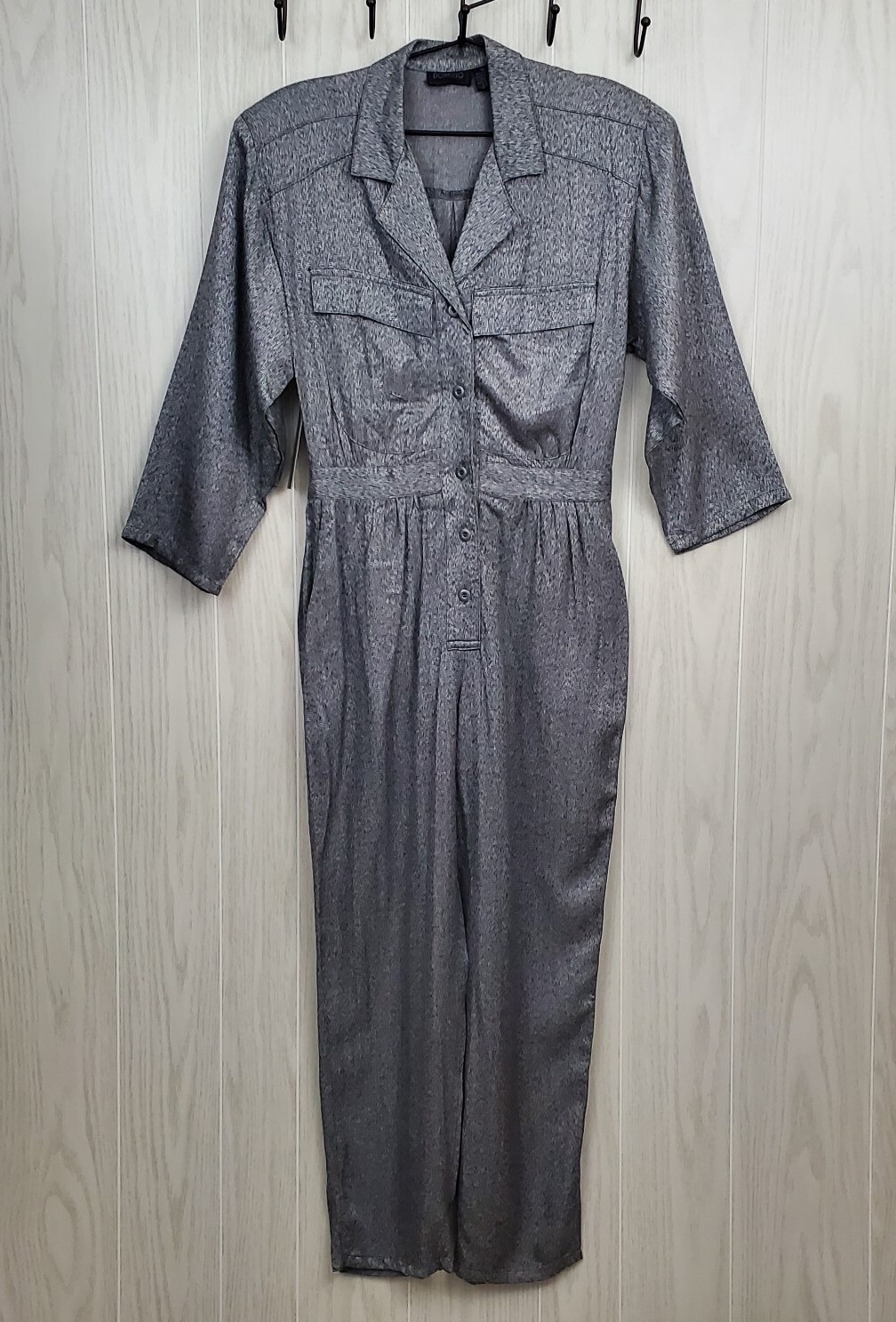 Vintage 12 DOMINO 3/4 Sleeve Collared Notch Lapel Gray Knit Jumpsuit Pockets