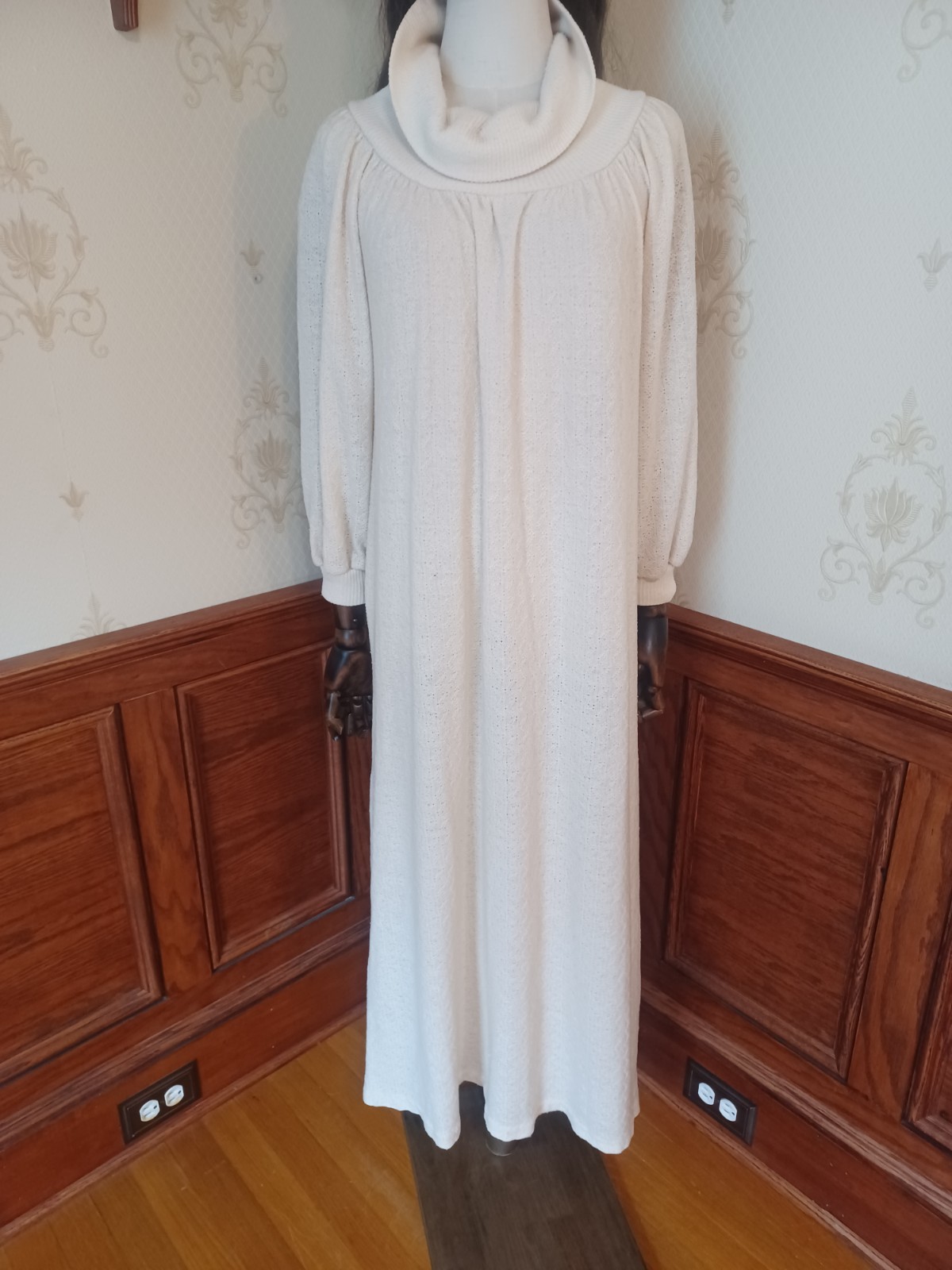 Vintage 1970s R. Michael Allen Ivory Boho Prairie Cowl Neck Knit Hostess Dress