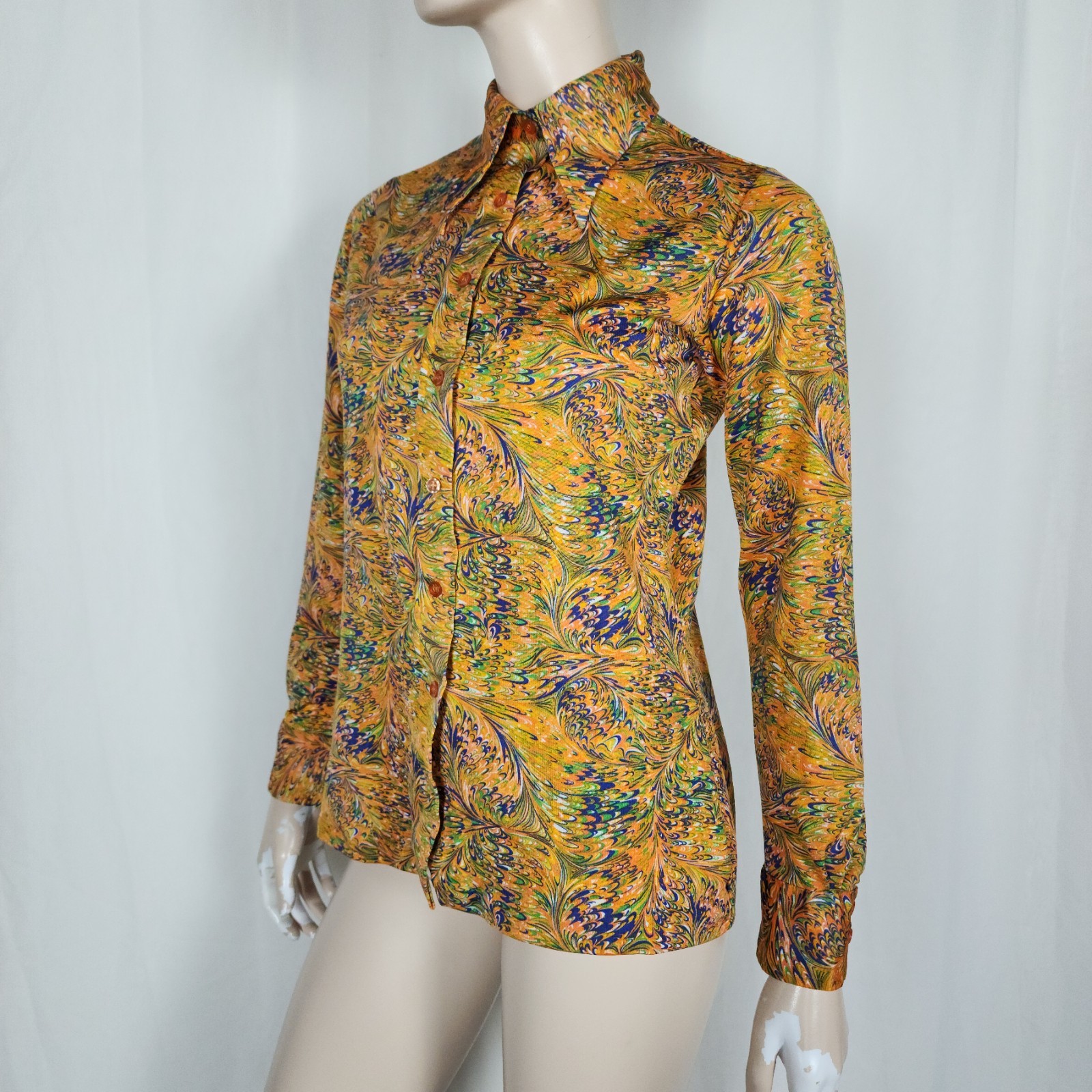 Vtg 70s psychedelic poly button up shirt blouse M/L Hudson’s Bay Company