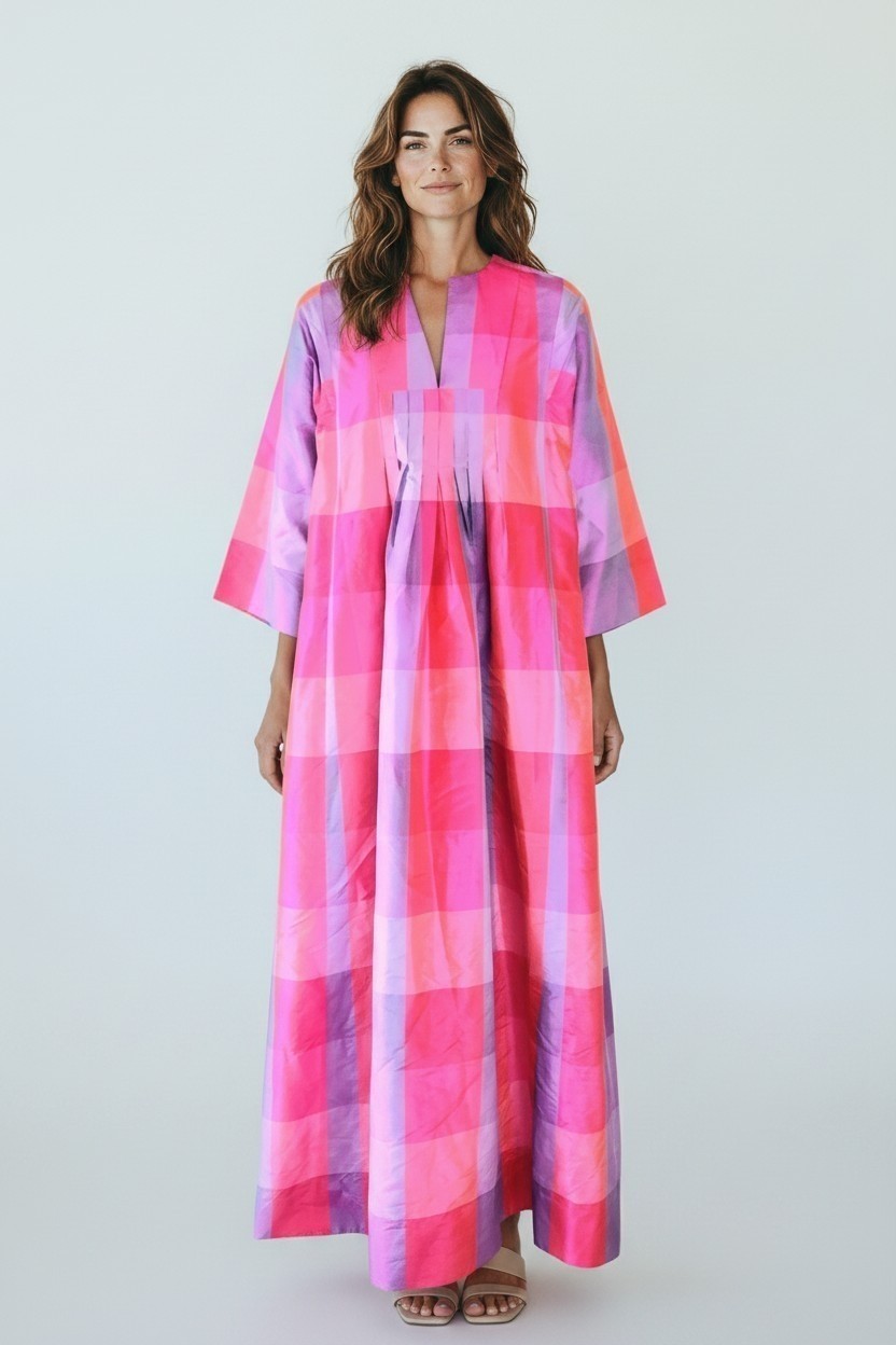 Vintage Jim Thompson Siamese Trader Thai Silk Belted Madras Kaftan Dress M 60s