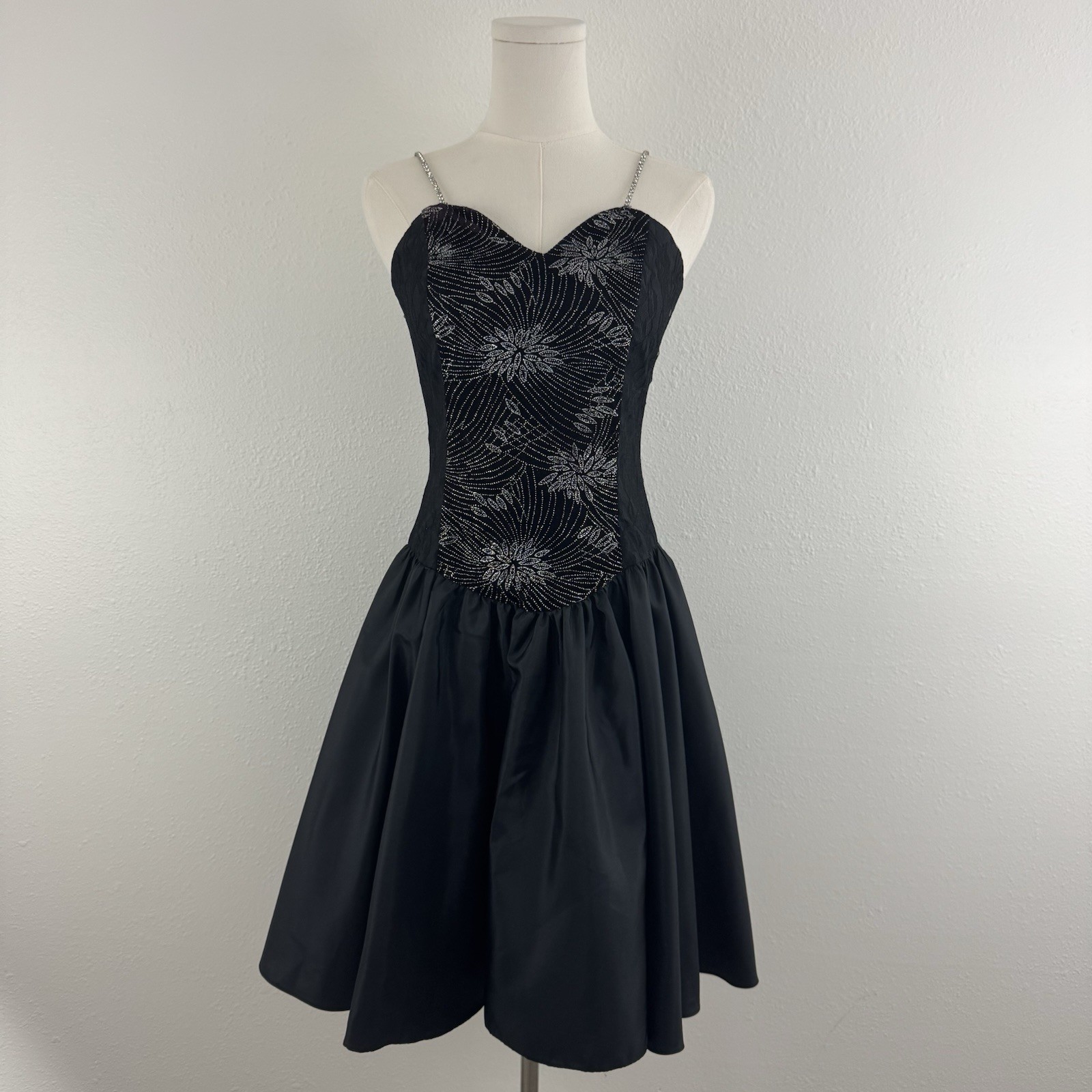 Vintage 90s Black Velvet Silver Floral Glitter Formal Homecoming Mini Dress