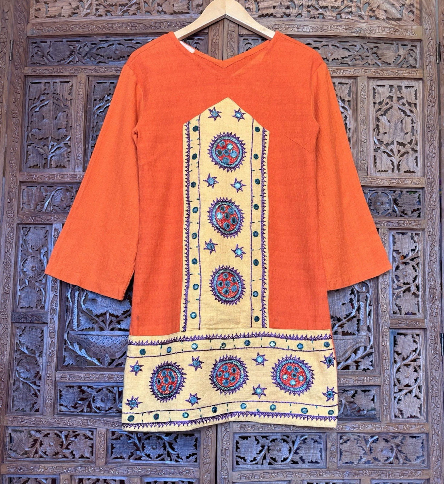 VTG 70s Tunic Dress Indian Cotton Bell Sleeve Mini Mirror Embroidered Hippie