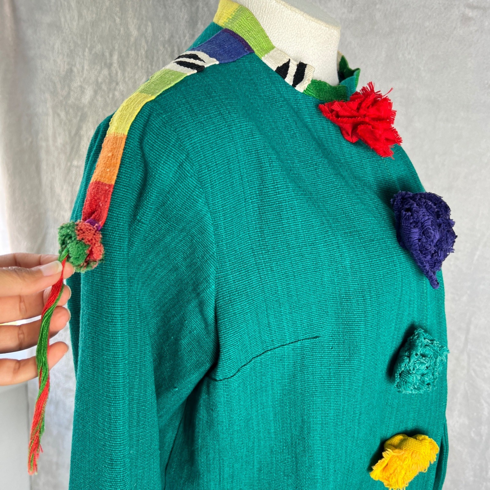 Vintage Women’s Art To Wear Pom Pom Jacket Green size Medium colorful funky