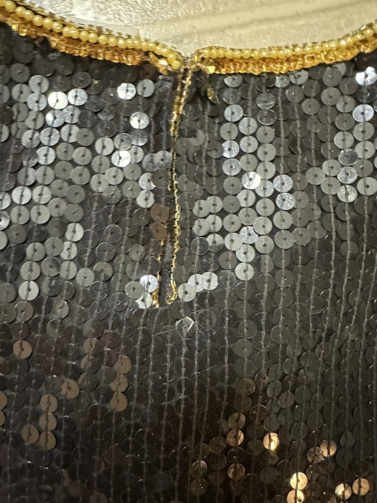 80s DEJAVU Silk Black And Gold Beaded Glam Sequin Top Woman Medium