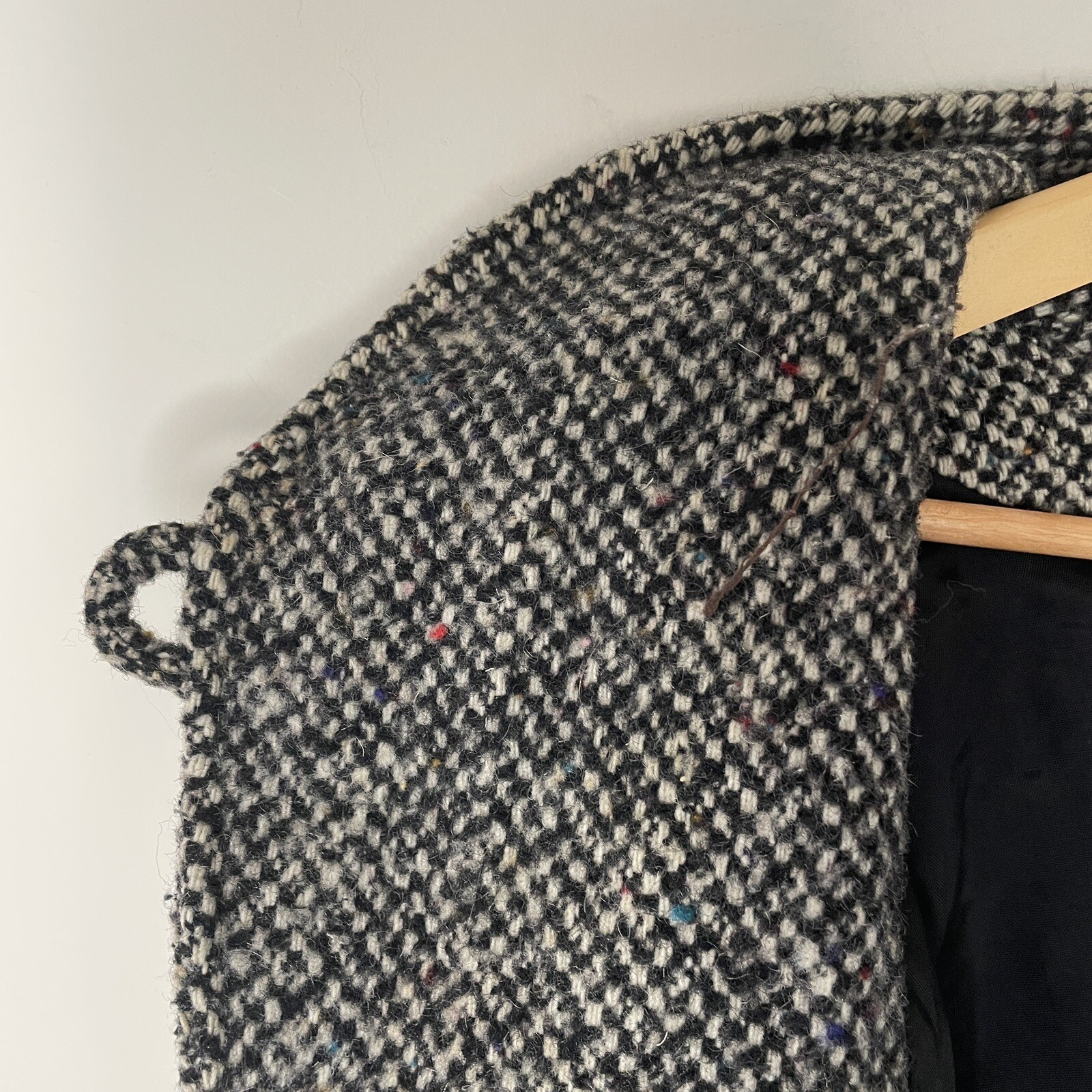 Vtg 80s DONNYBROOK Black White Tweed Long Coat w/Leather Accents Women Sz 12