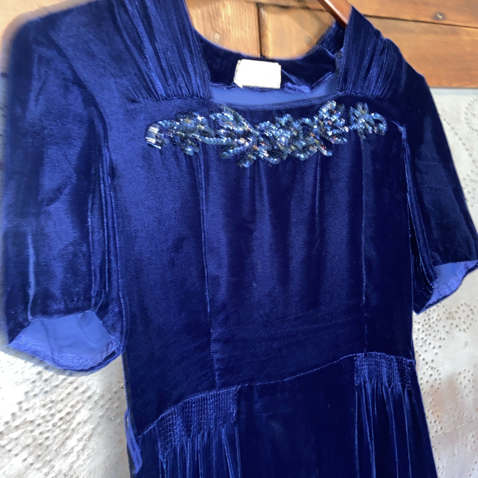 Vintage Fleurette Fashions Dress Velvet Blue Sequins 1930’s? Small?