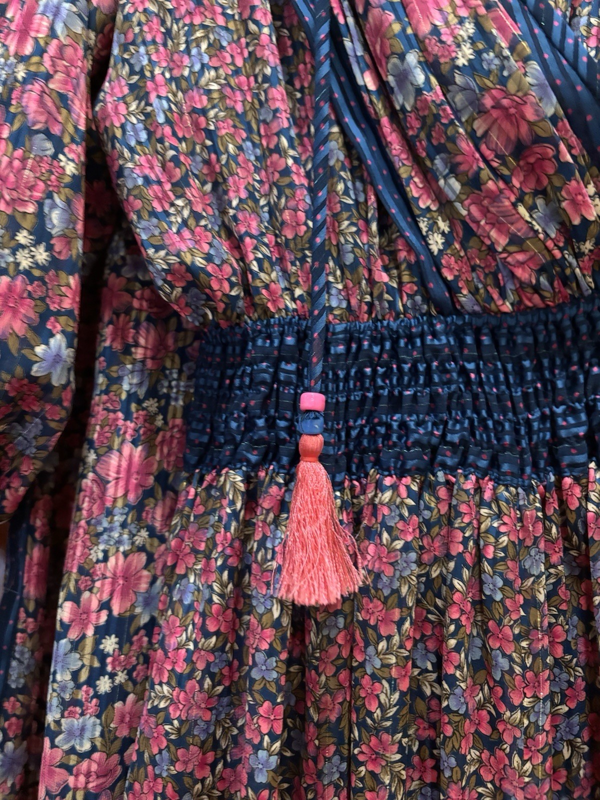 Diane Freis Floral Georgette Midi Dress 80s Vtg Dress Gored Tassels & Scarf S M