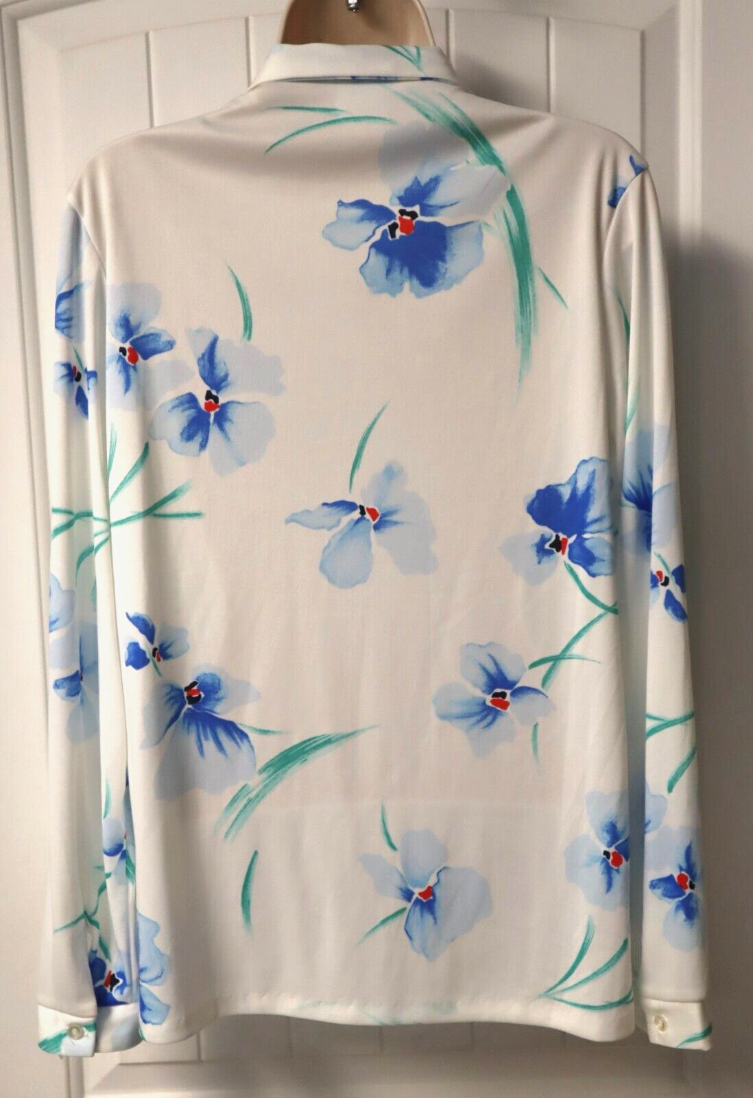 Vintage 70s ECCOBAY long sleeve blue floral white button up blouse size 13-14