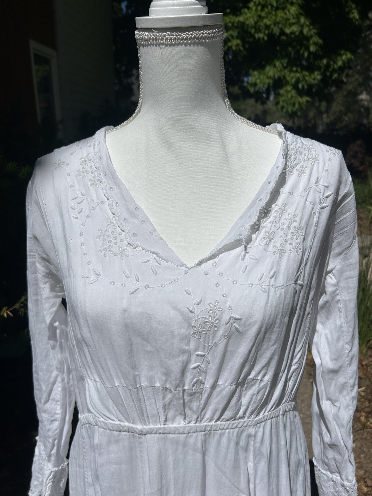 Edwardian White Cotton Voile Tea Dress Embroidered Long Sleeve Vintage Sz L