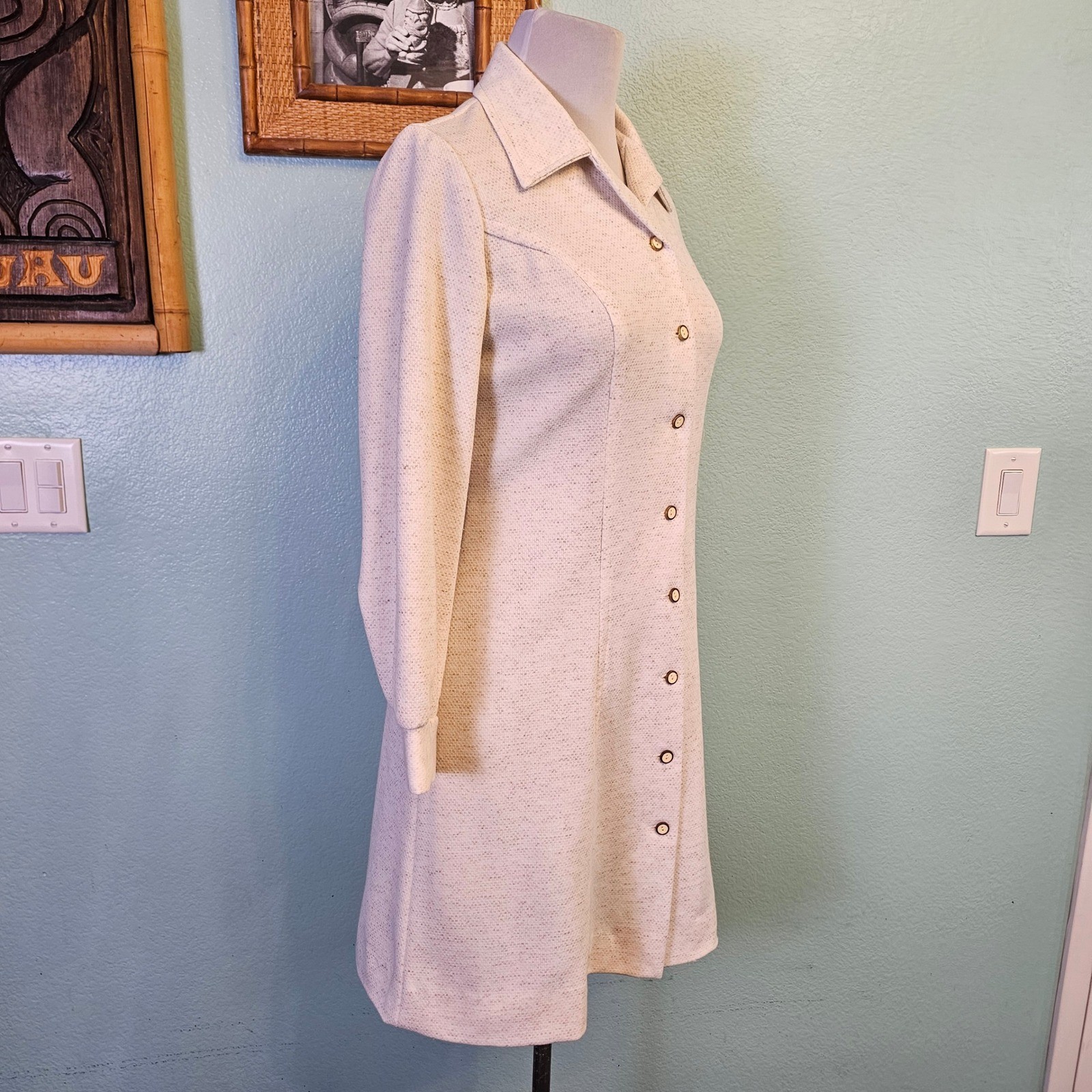 Vintage 70s Sears Double Knit Polyester Shirt Dress Dagger Collar Size M USA Mod
