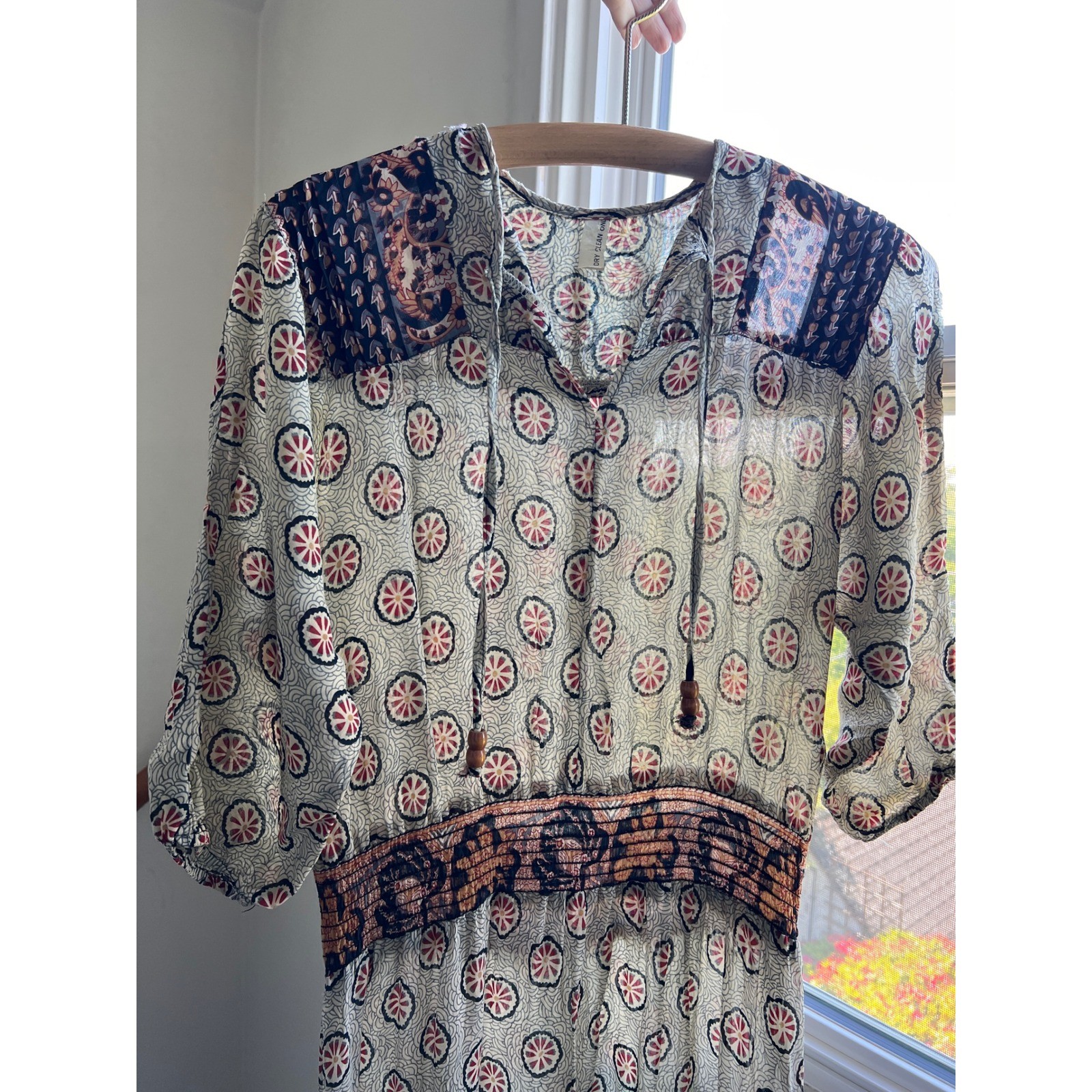 Vintage 70s Midi Dress Boho Smocked Waist Semi Sheer Peasant Batik Block Print