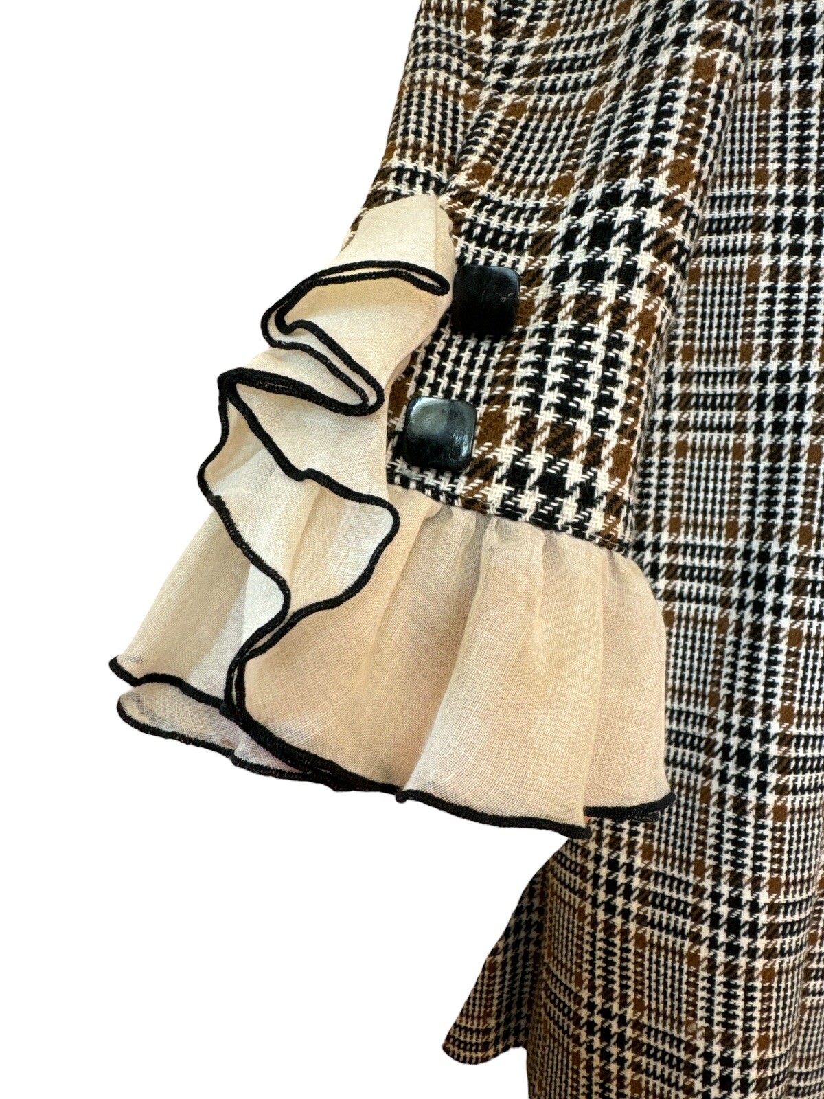 Vtg Mod Saks Fifth Avenue Brown Black Wool Tweed Plaid Dress Mandarin Collar M