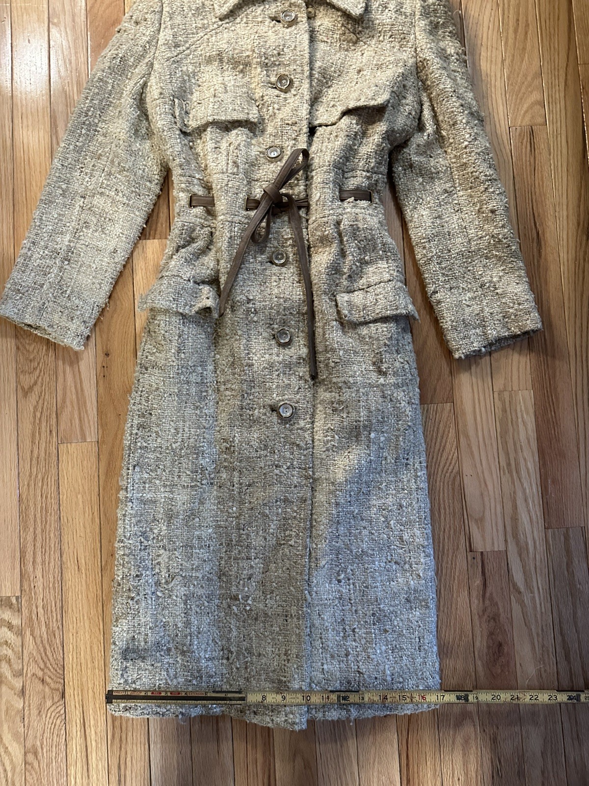 VINTAGE NEIMAN-MARCUS PIETRO Womens Suit Cream Brown Silk Wool Leather With Belt
