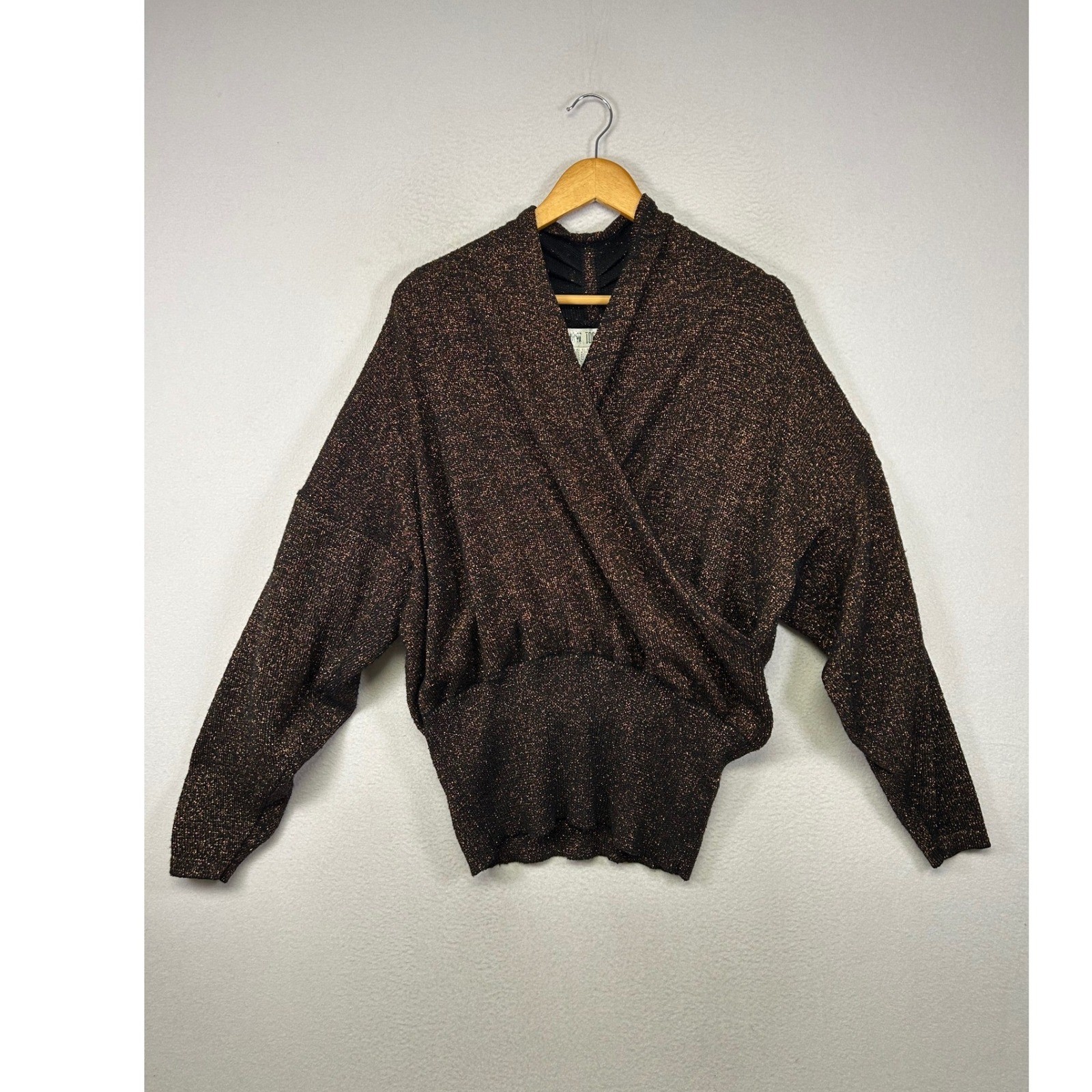 Vintage 80s Together! Womens XL Black Copper Metallic Wrap Surplice Knit Sweater