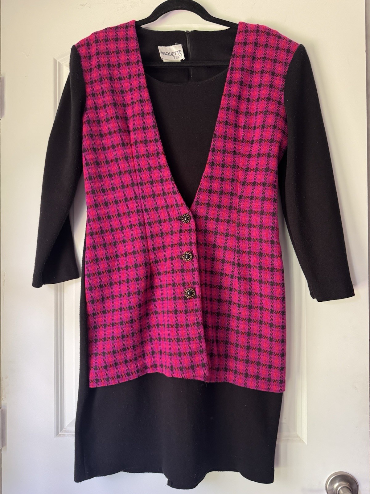 VINTAGE 80s Paquette Too! Long sleeve, Drop waist Pink/Black Plaid Dress, sz 8