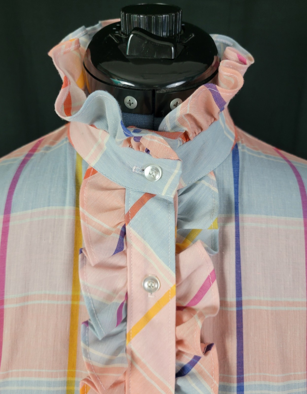 Vtg Lucky Winner Peach/Blue/Pink/Purple Plaid Top w Ruffled Collar Size 11/12