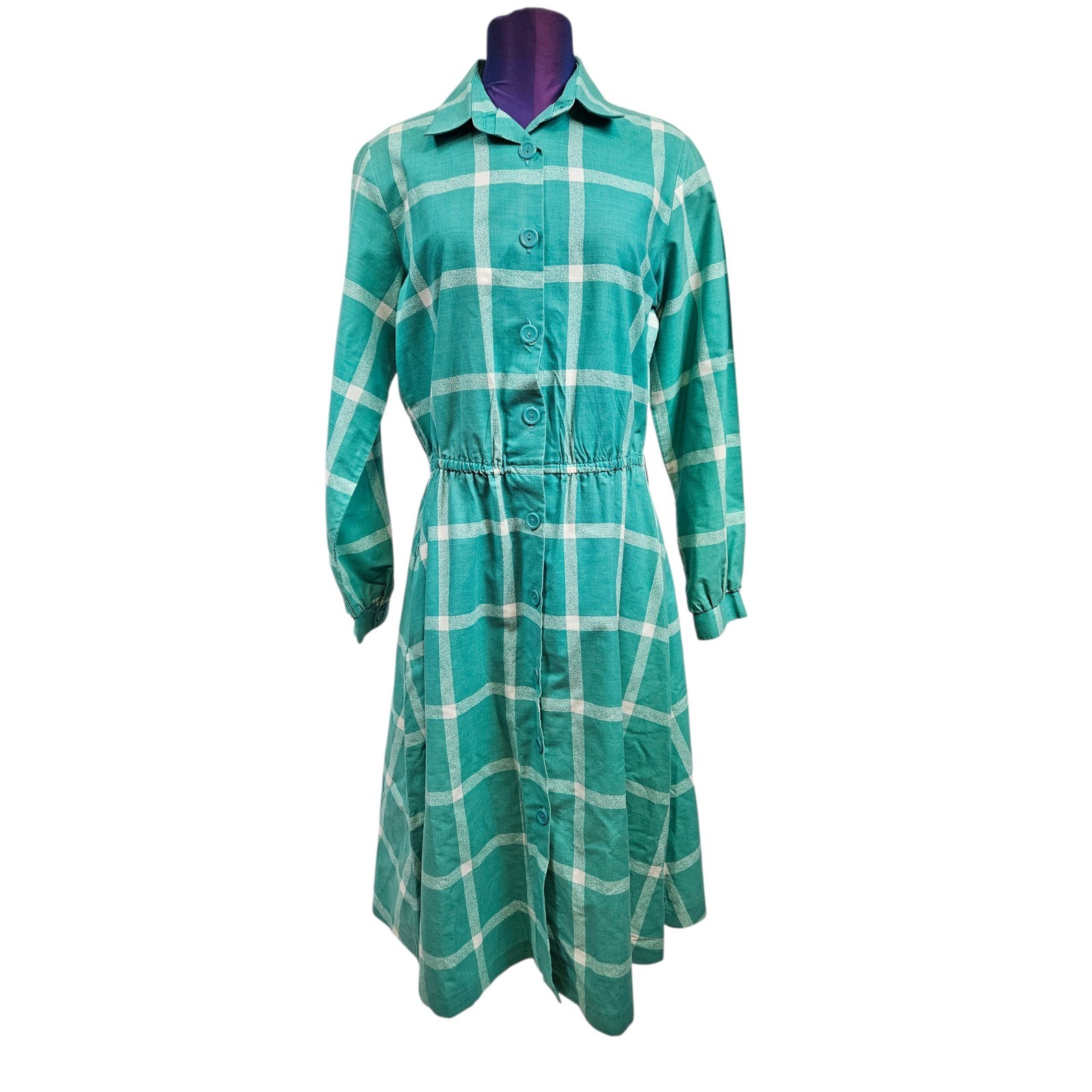 Vintage Sears The Shirtdress Teal Green Plaid Button Down Midi Dress 13/14 i69