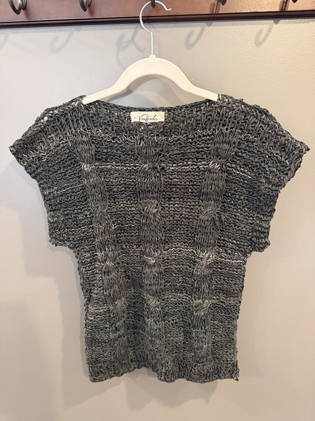 Vintage Van Heusen Genuine Leather Hand Knit Gray Sweater Top Made in Turkey SM